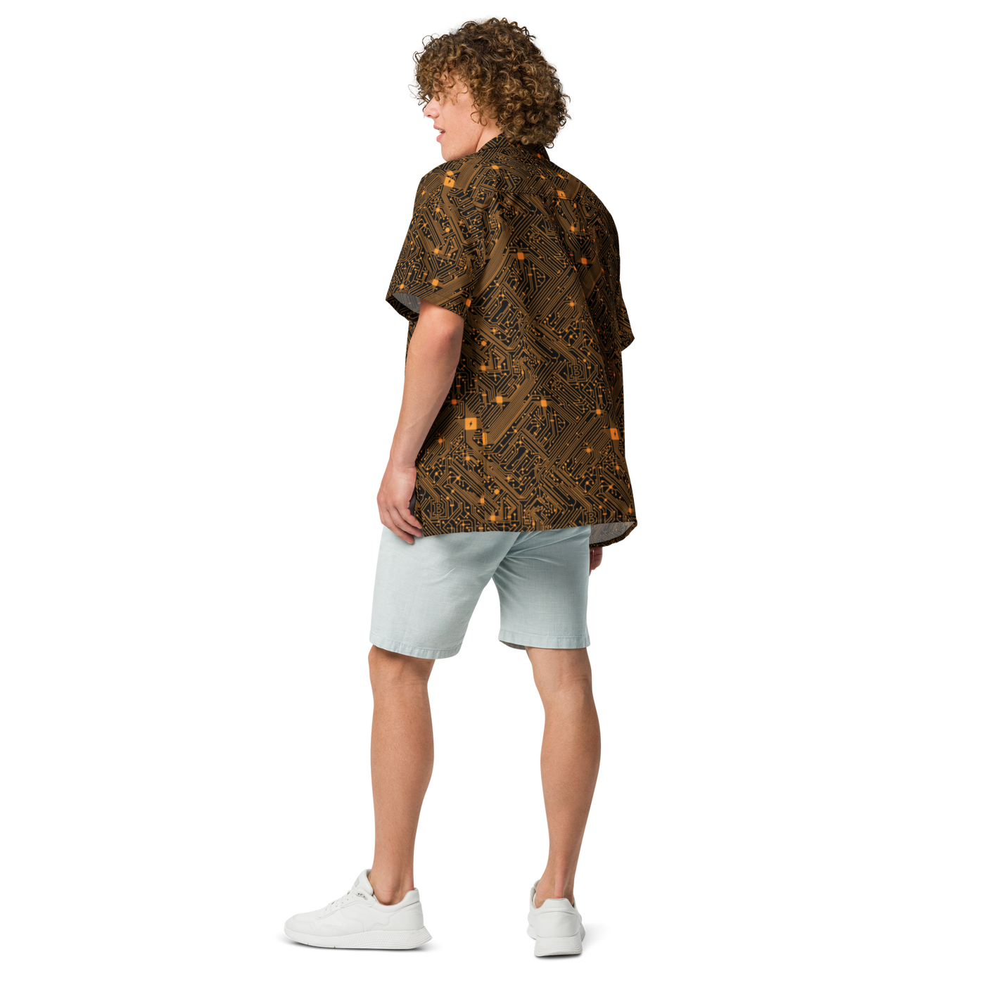 Circuit Board bitcoin button shirt, back view.