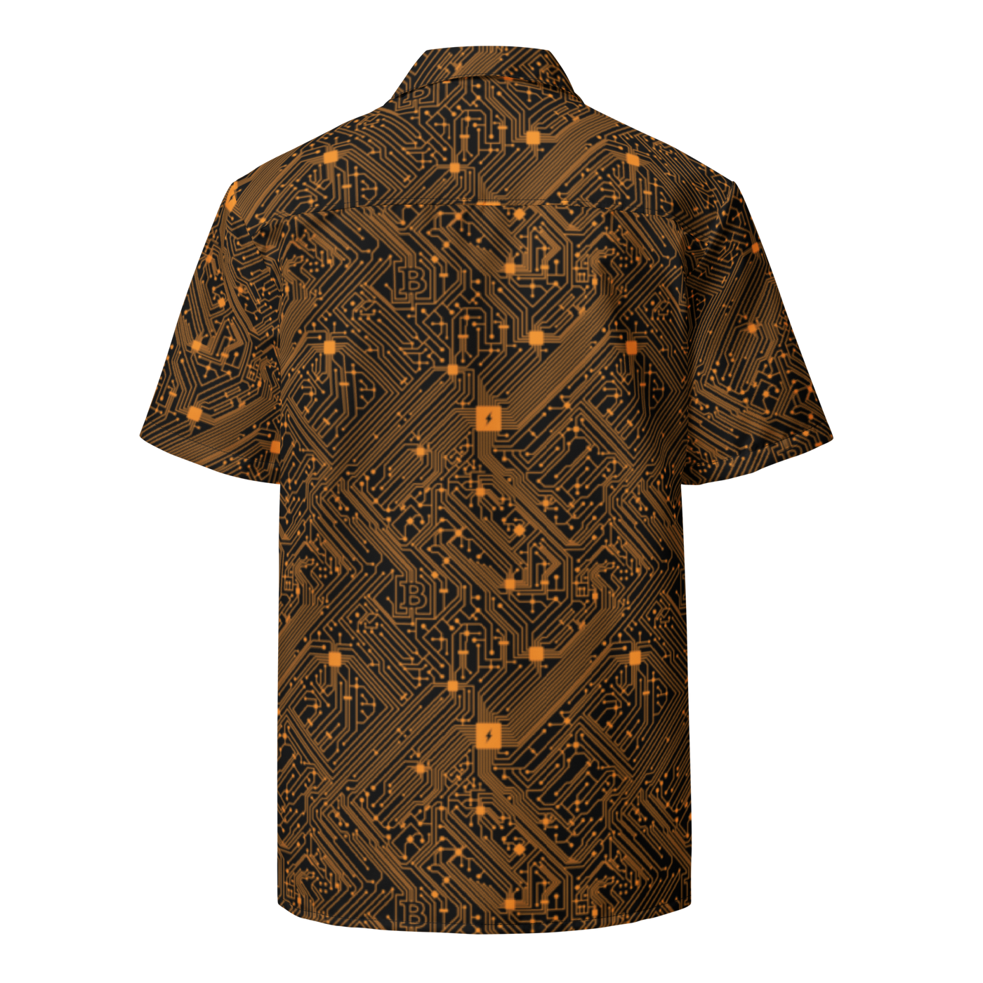 Circuit Board bitcoin button shirt, back view.