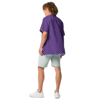 Nostrich purple nostr button shirt, back view.