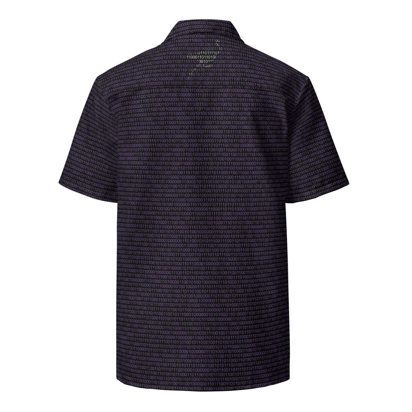Nostr Binary nostr button shirt, back view.