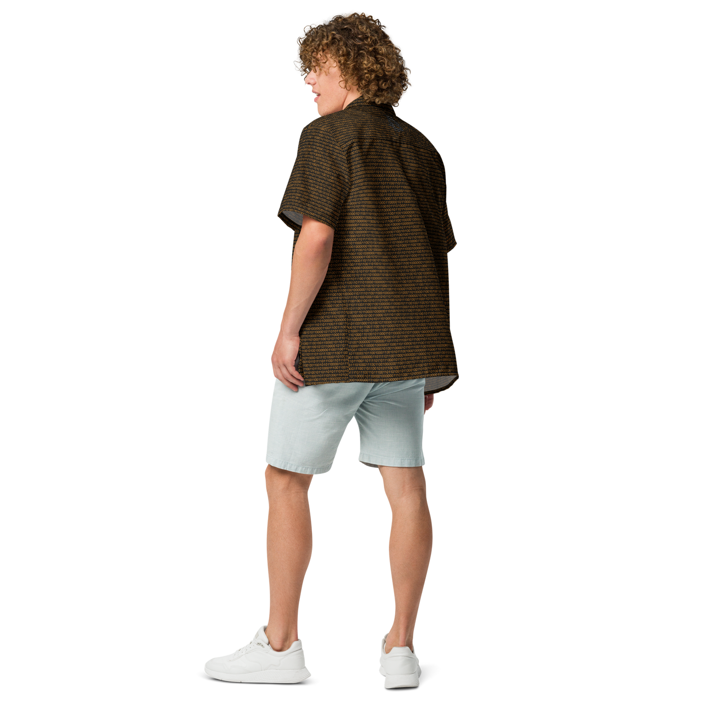 Bitcoin Binary bitcoin button shirt, back view.