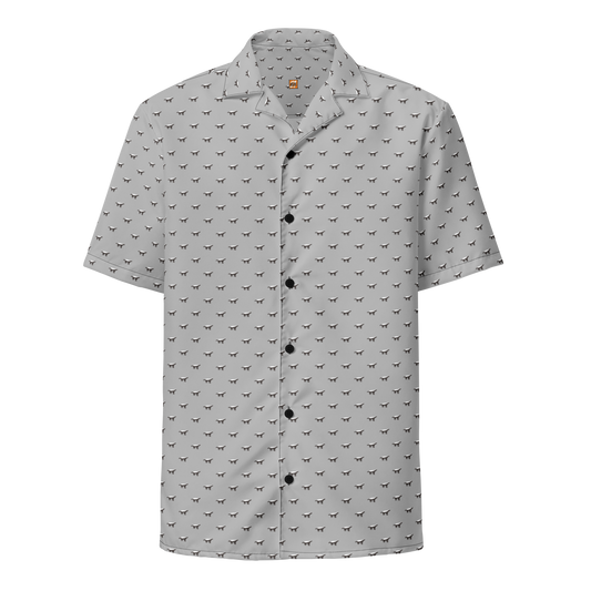 Front view of a silver bitcoin button shirt.