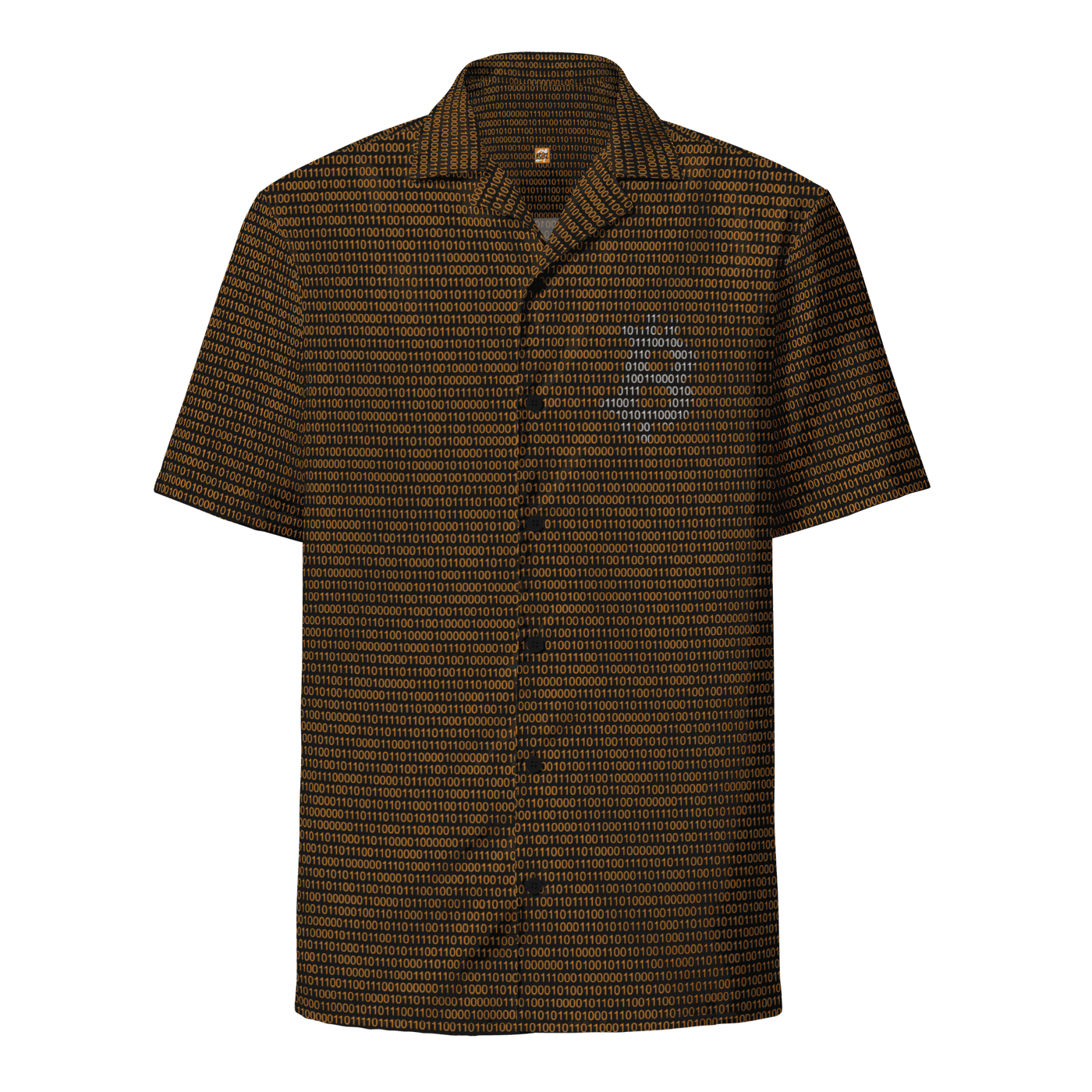 Bitcoin Binary themed button shirt with OEKOTEX and GRS certification logos