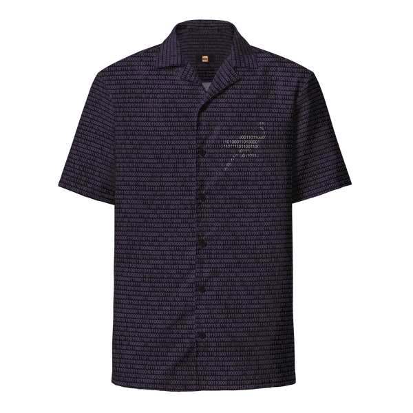 Nostr Button Shirt with binary design and OEKO-TEX and GRS certification logos