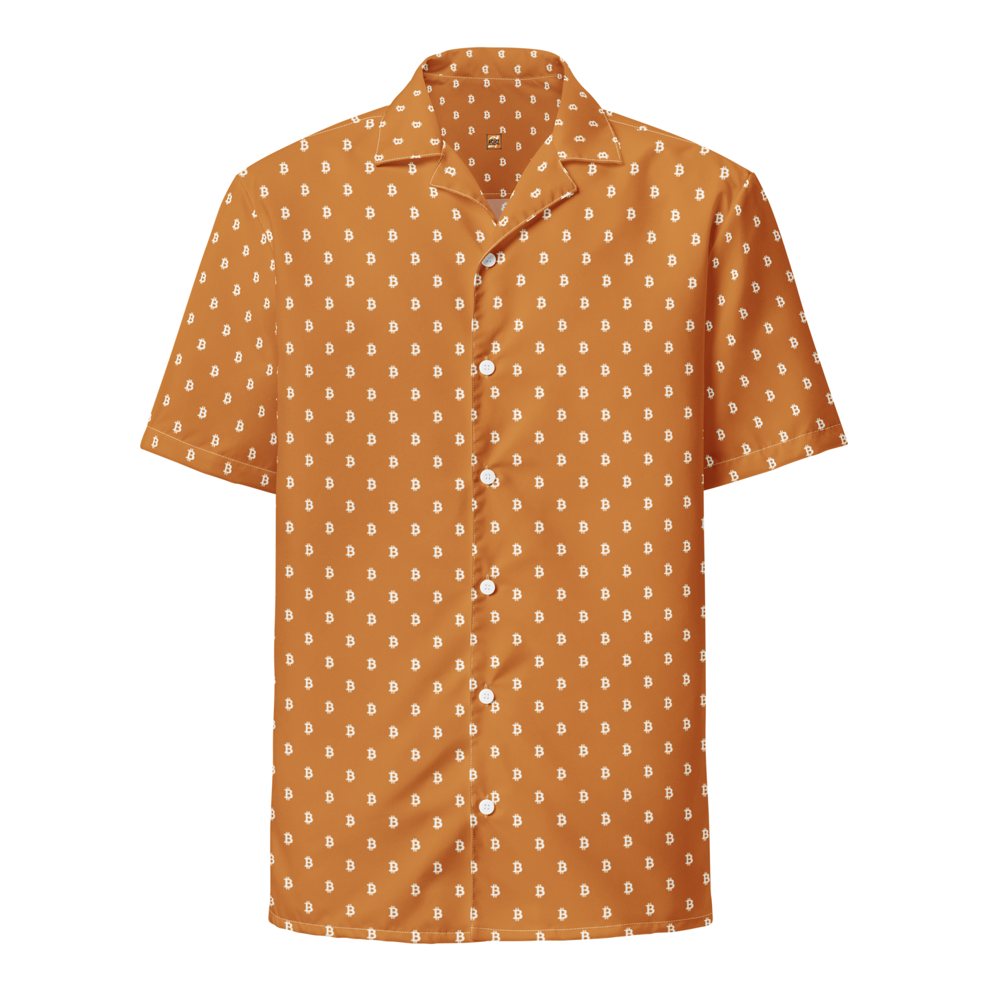 Front view of an orange bitcoin button shirt.