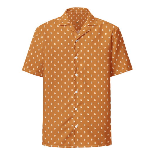 Front view of an orange bitcoin button shirt.