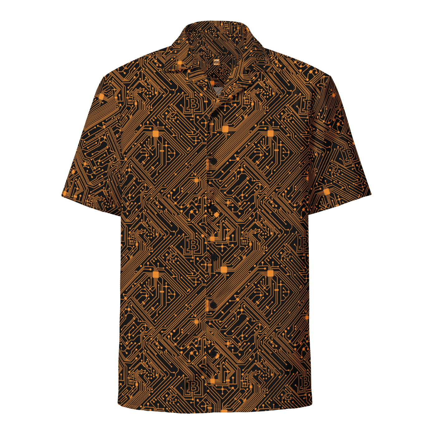 Certification logos on circuit board bitcoin button shirt