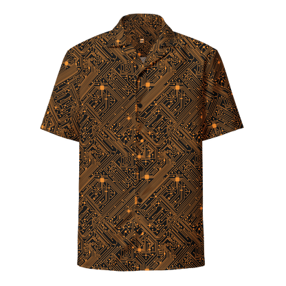 Front view of a black bitcoin button shirt.