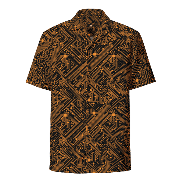Certification logos on circuit board bitcoin button shirt