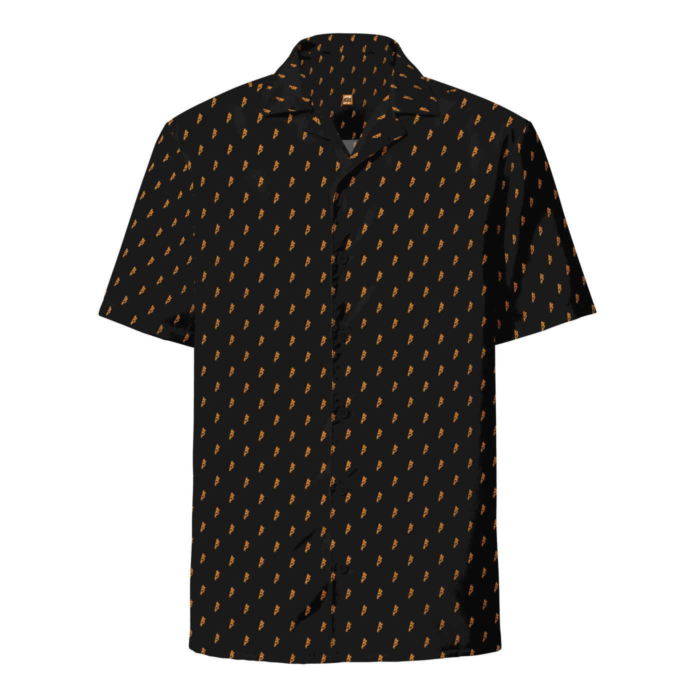 Rebel B Bitcoin button shirt with OEKO-TEX and GRS certification logos