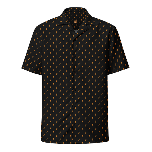 Front view of a black bitcoin button shirt.