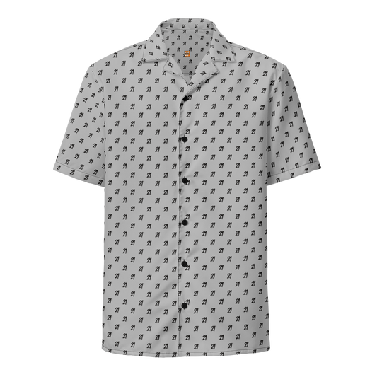 Front view of a silver bitcoin button shirt.