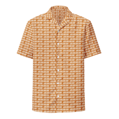 Front view of an orange bitcoin button shirt.