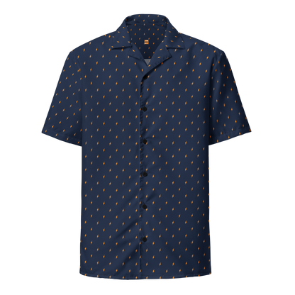 Front view of a navy blue bitcoin button shirt.