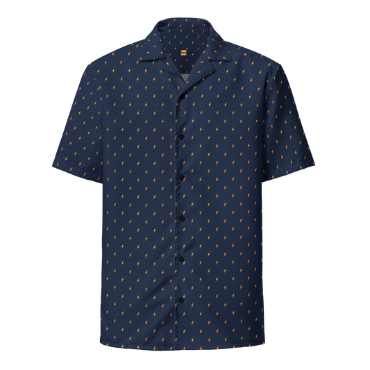 Front view of a navy blue bitcoin button shirt.