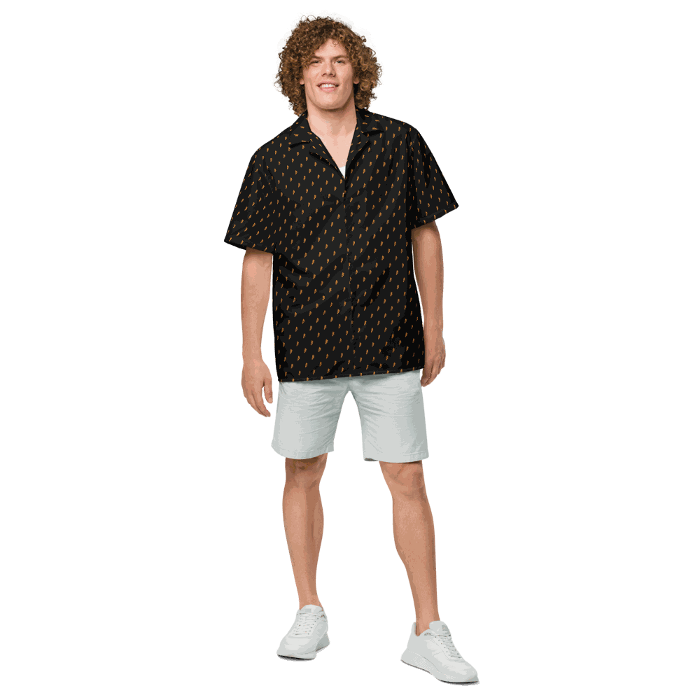 Bitcoin button shirt with Rebel B design, certified OEKO-TEX and GRS eco-friendly logos