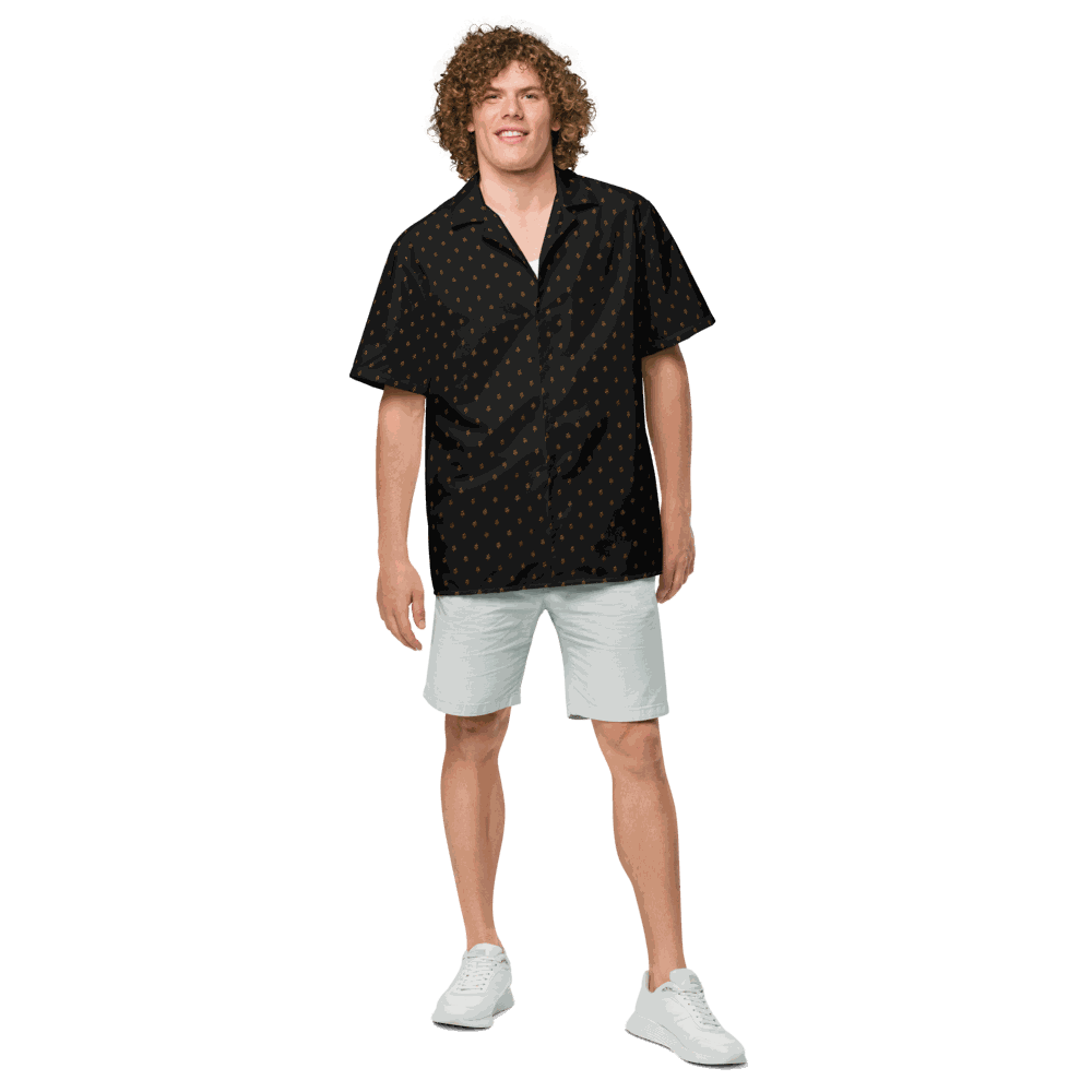 Front view of a man wearing a black bitcoin button shirt.