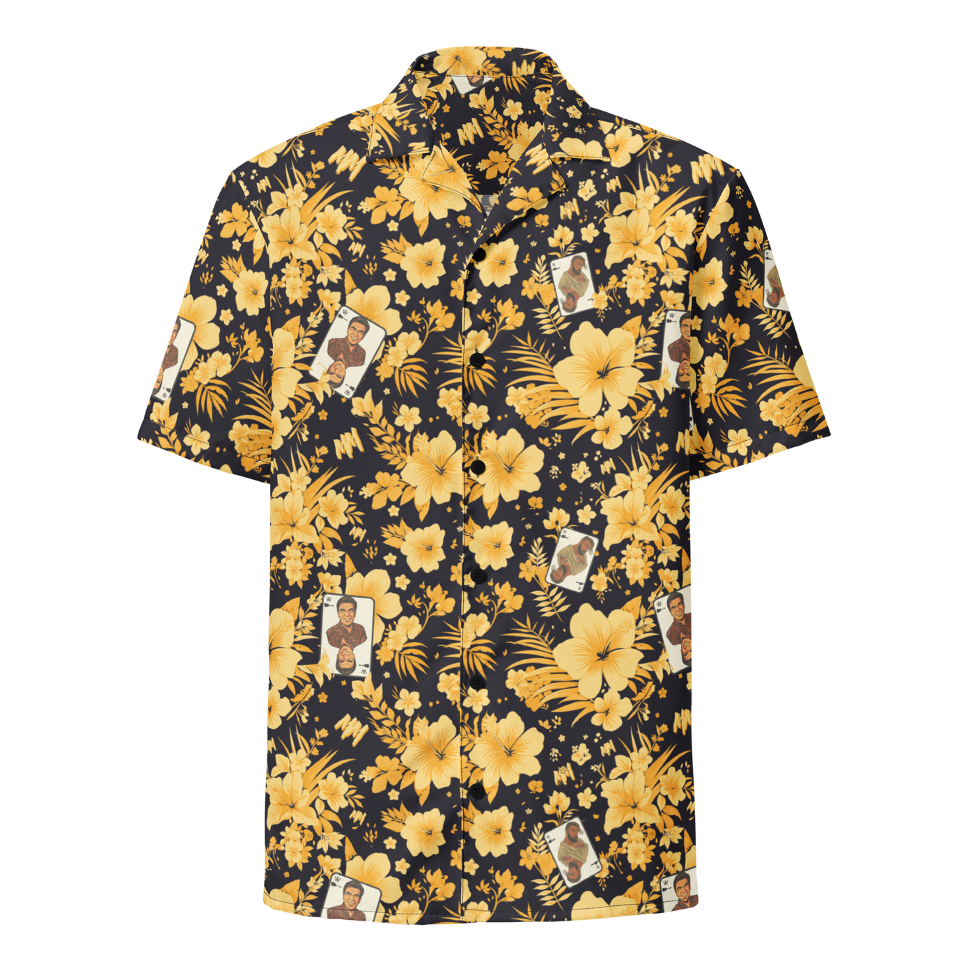 Michael Monday anarcho late night button shirt, front view: a black hawaiian pattern of yellow hibiscus flowers, palm leaves and small Michael Monday portraits.
