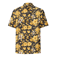 Michael Monday anarcho late night button shirt, front view: a black hawaiian pattern of yellow hibiscus flowers, palm leaves and small Michael Monday portraits.