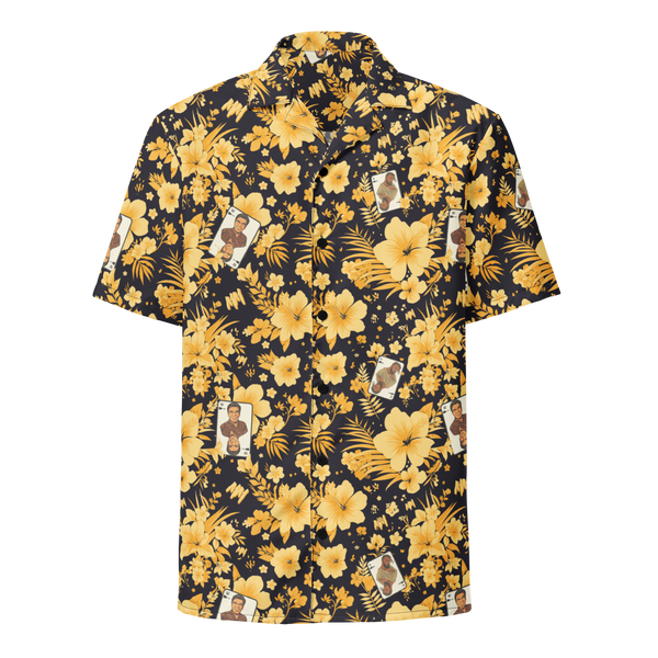 Michael Monday anarcho late night button shirt, front view: a black hawaiian pattern of yellow hibiscus flowers, palm leaves and small Michael Monday portraits.