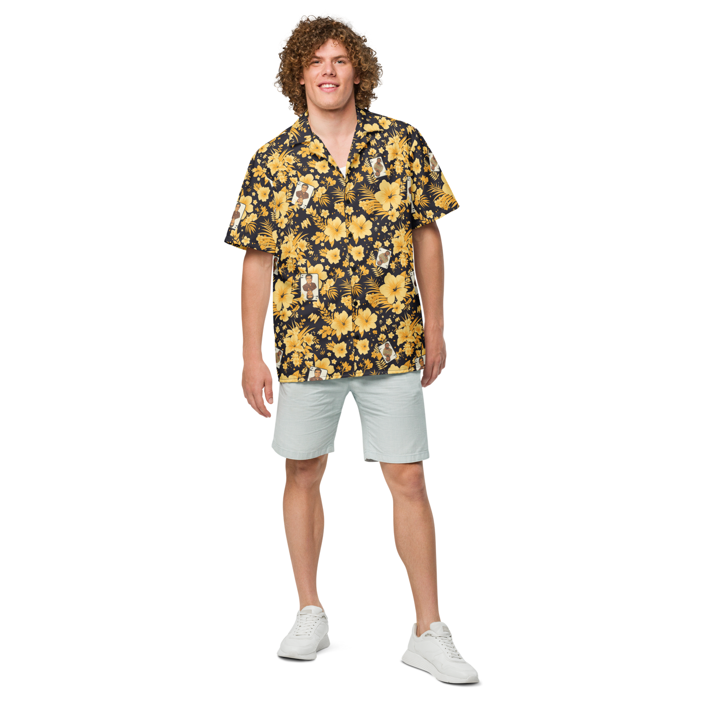 Michael Monday anarcho late night button shirt, front view: a black hawaiian pattern of yellow hibiscus flowers, palm leaves and small Michael Monday portraits.