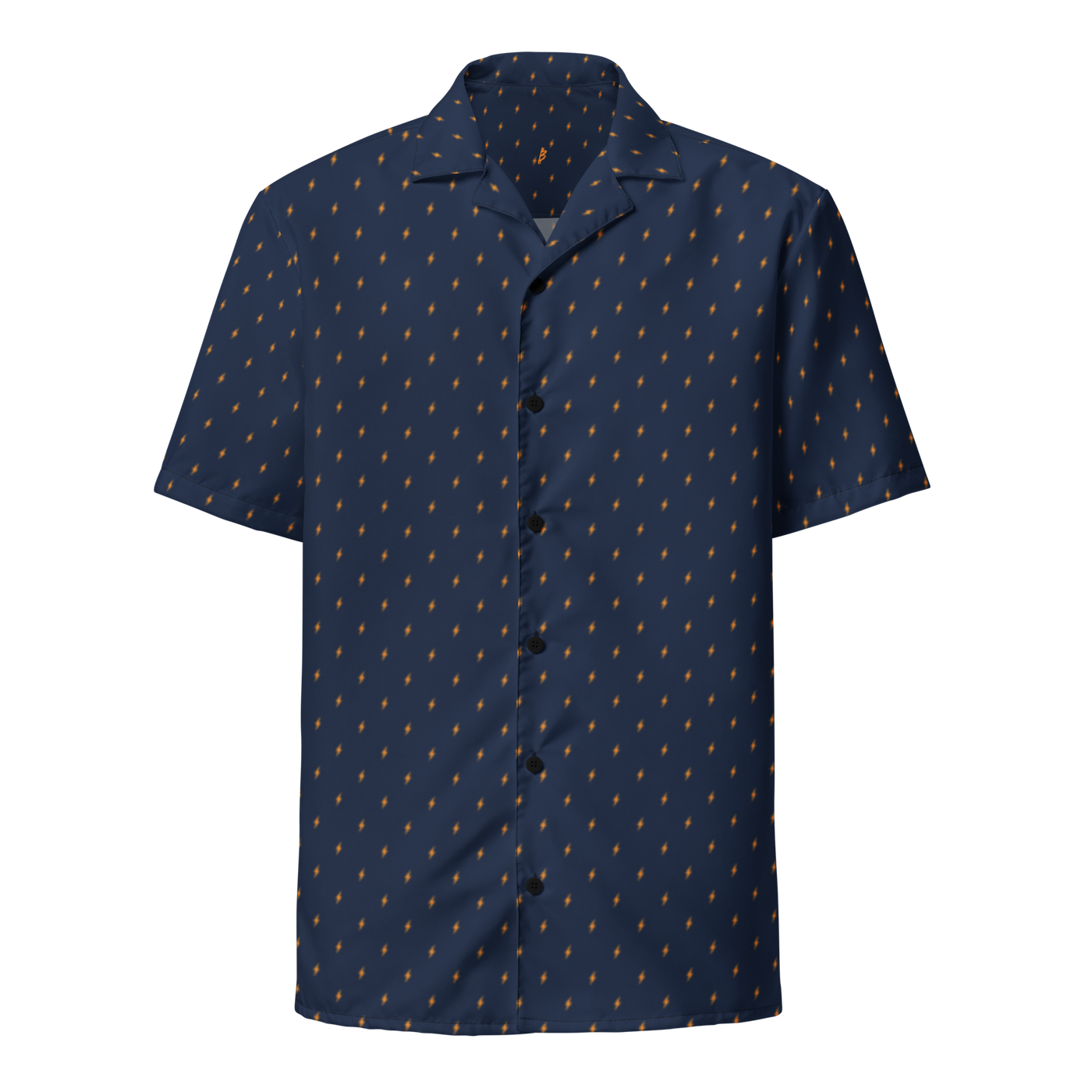 Lightning bitcoin button shirt, front view: a navy all-over pattern of small orange lightning bolts.