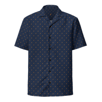 Lightning bitcoin button shirt, front view: a navy all-over pattern of small orange lightning bolts.