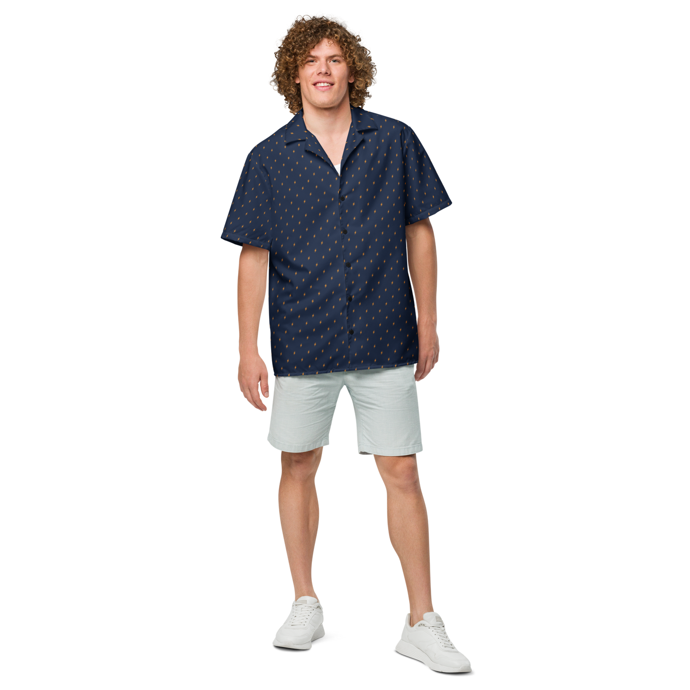 Lightning bitcoin button shirt, front view: a navy all-over pattern of small orange lightning bolts.