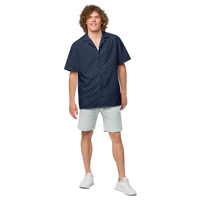 Lightning bitcoin button shirt, front view: a navy all-over pattern of small orange lightning bolts.