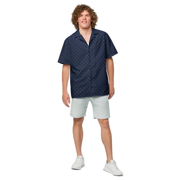 Lightning bitcoin button shirt, front view: a navy all-over pattern of small orange lightning bolts.