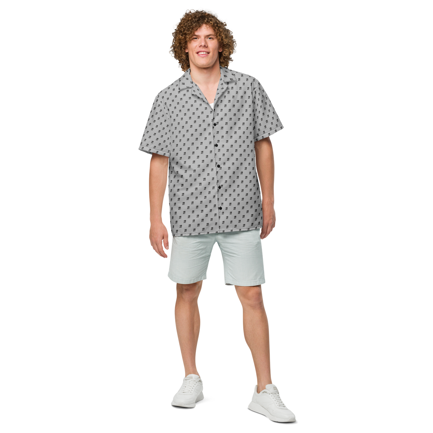 21 Million bitcoin button shirt, front view: a grey all-over pattern of small dark 21 Million motifs.