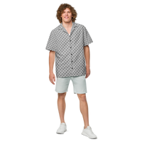 21 Million bitcoin button shirt, front view: a grey all-over pattern of small dark 21 Million motifs.