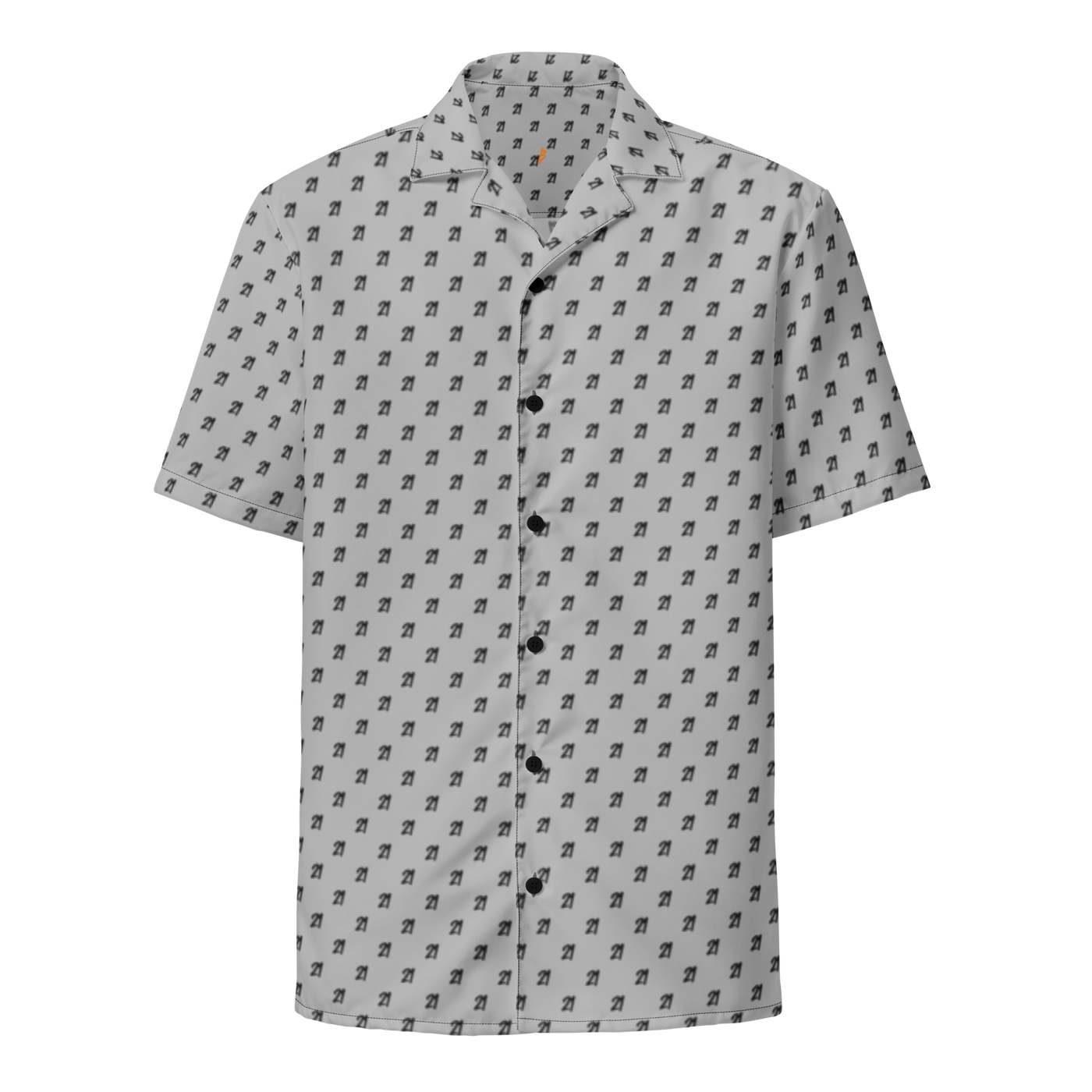 21 Million bitcoin button shirt, front view: a grey all-over pattern of small dark 21 Million motifs.