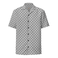 21 Million bitcoin button shirt, front view: a grey all-over pattern of small dark 21 Million motifs.