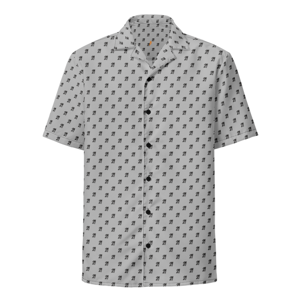 21 Million bitcoin button shirt, front view: a grey all-over pattern of small dark 21 Million motifs.