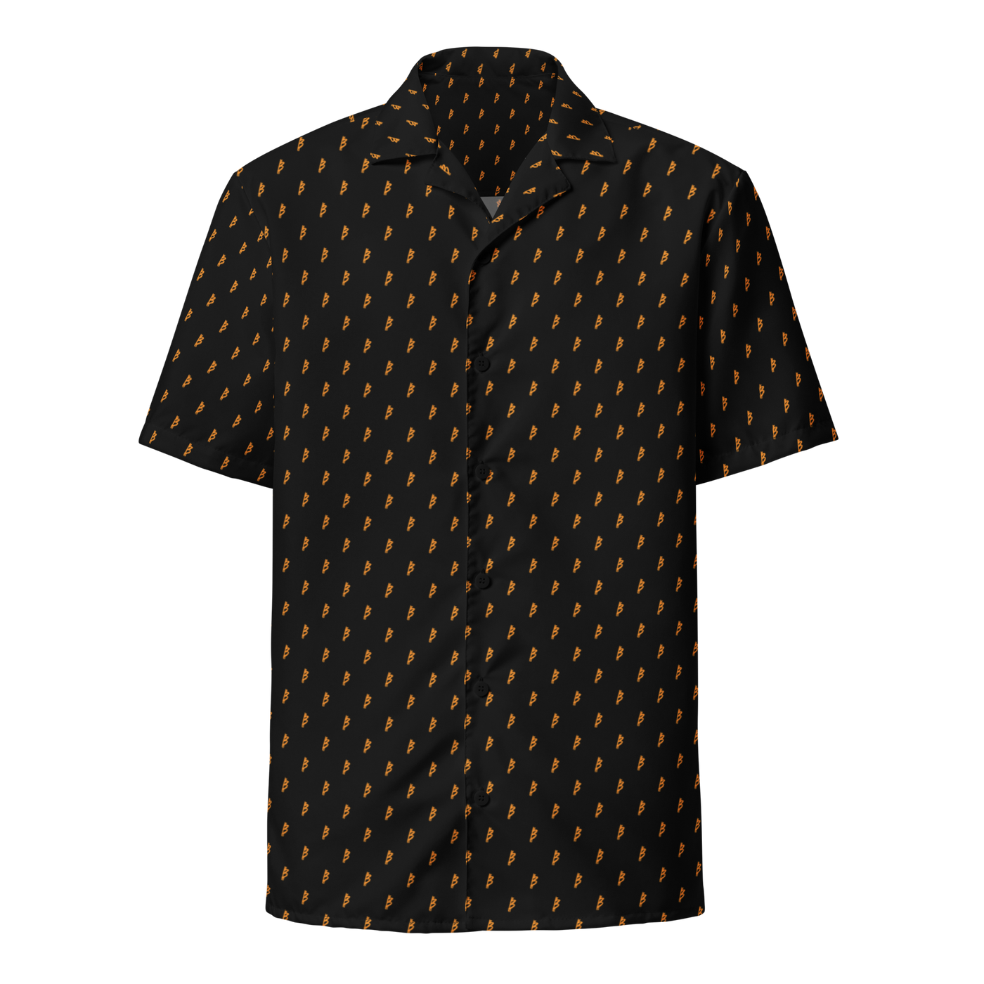Rebel B bitcoin button shirt, front view: a black all-over pattern of small orange Rebel B marks.