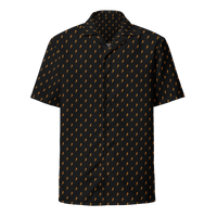 Rebel B bitcoin button shirt, front view: a black all-over pattern of small orange Rebel B marks.
