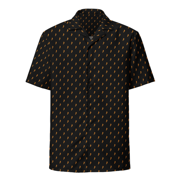 Rebel B bitcoin button shirt, front view: a black all-over pattern of small orange Rebel B marks.