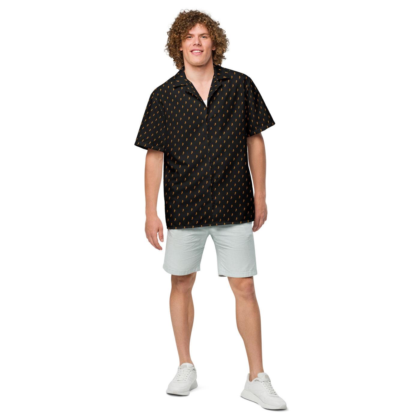 Rebel B bitcoin button shirt, front view: a black all-over pattern of small orange Rebel B marks.