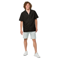 Rebel B bitcoin button shirt, front view: a black all-over pattern of small orange Rebel B marks.