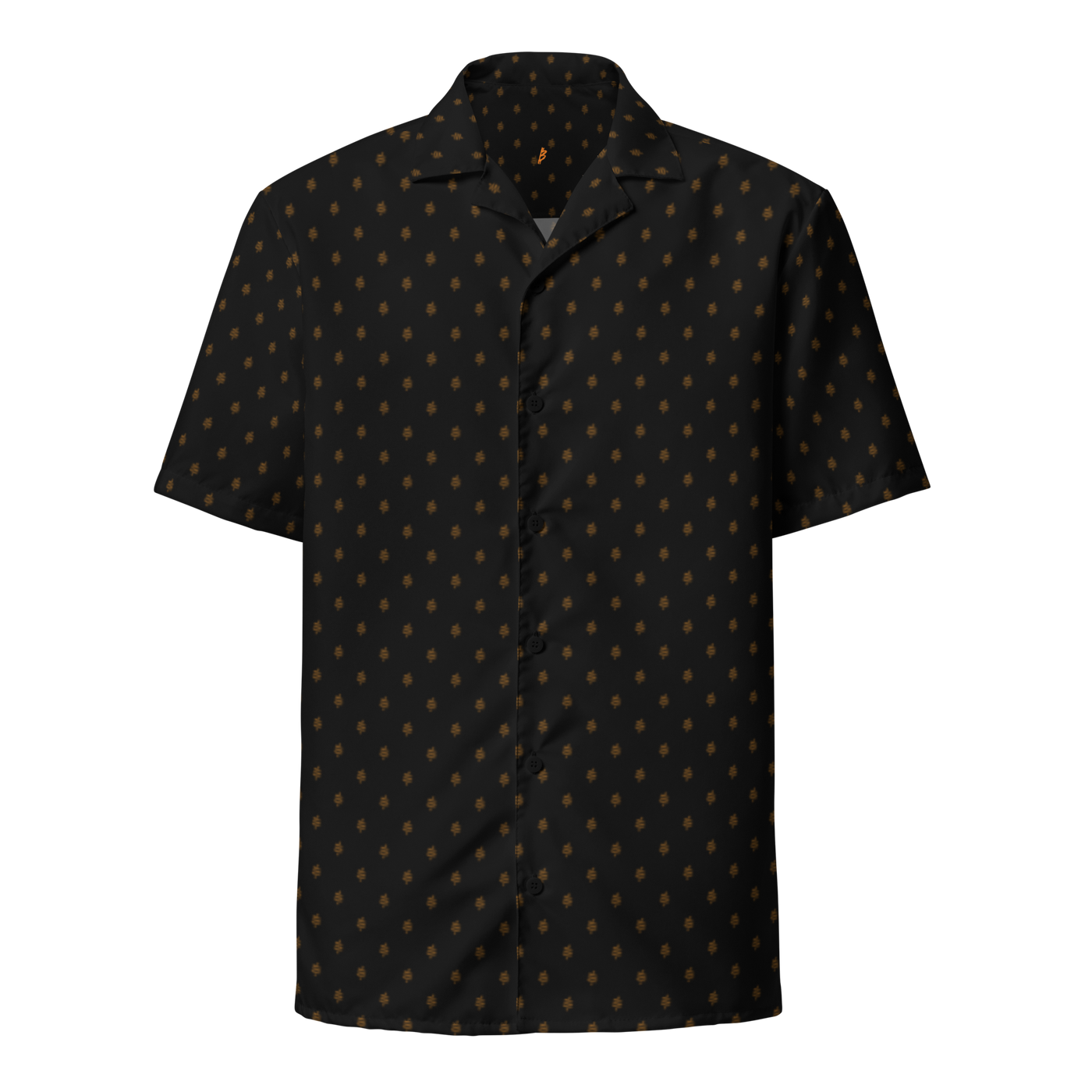 Sats Symbol bitcoin button shirt, front view: a black all-over pattern of small orange sats symbols.