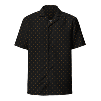 Sats Symbol bitcoin button shirt, front view: a black all-over pattern of small orange sats symbols.