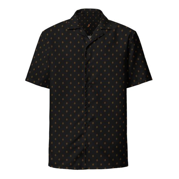 Sats Symbol bitcoin button shirt, front view: a black all-over pattern of small orange sats symbols.