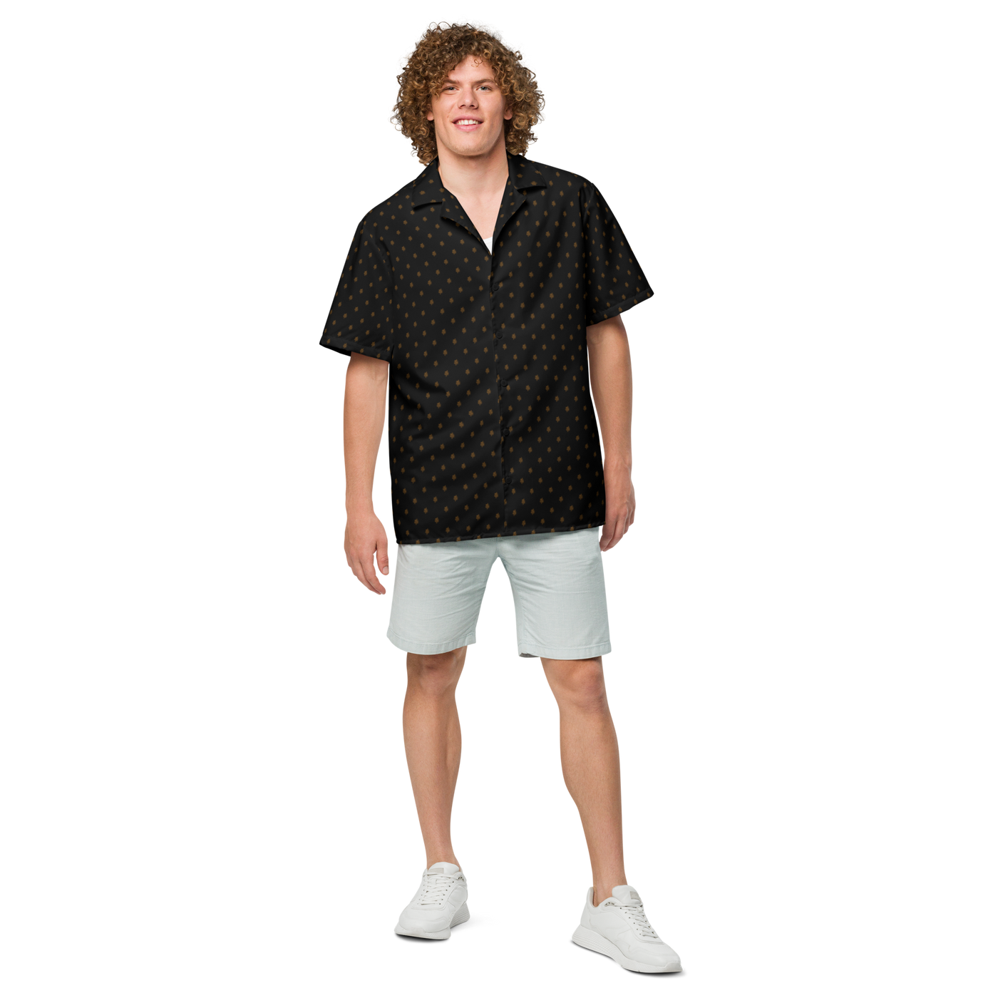 Sats Symbol bitcoin button shirt, front view: a black all-over pattern of small orange sats symbols.