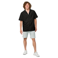 Sats Symbol bitcoin button shirt, front view: a black all-over pattern of small orange sats symbols.