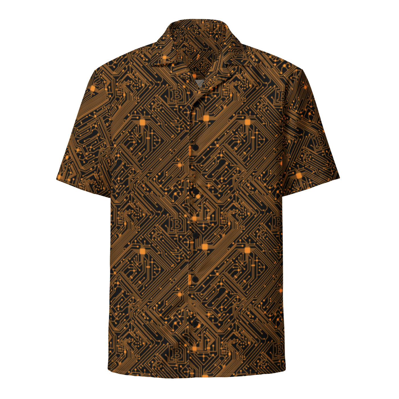 Circuit Board bitcoin button shirt, front view: an all-over circuit board pattern in orange on dark brown.