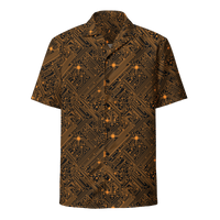 Circuit Board bitcoin button shirt, front view: an all-over circuit board pattern in orange on dark brown.