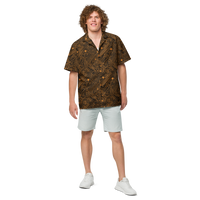 Circuit Board bitcoin button shirt, front view: an all-over circuit board pattern in orange on dark brown.