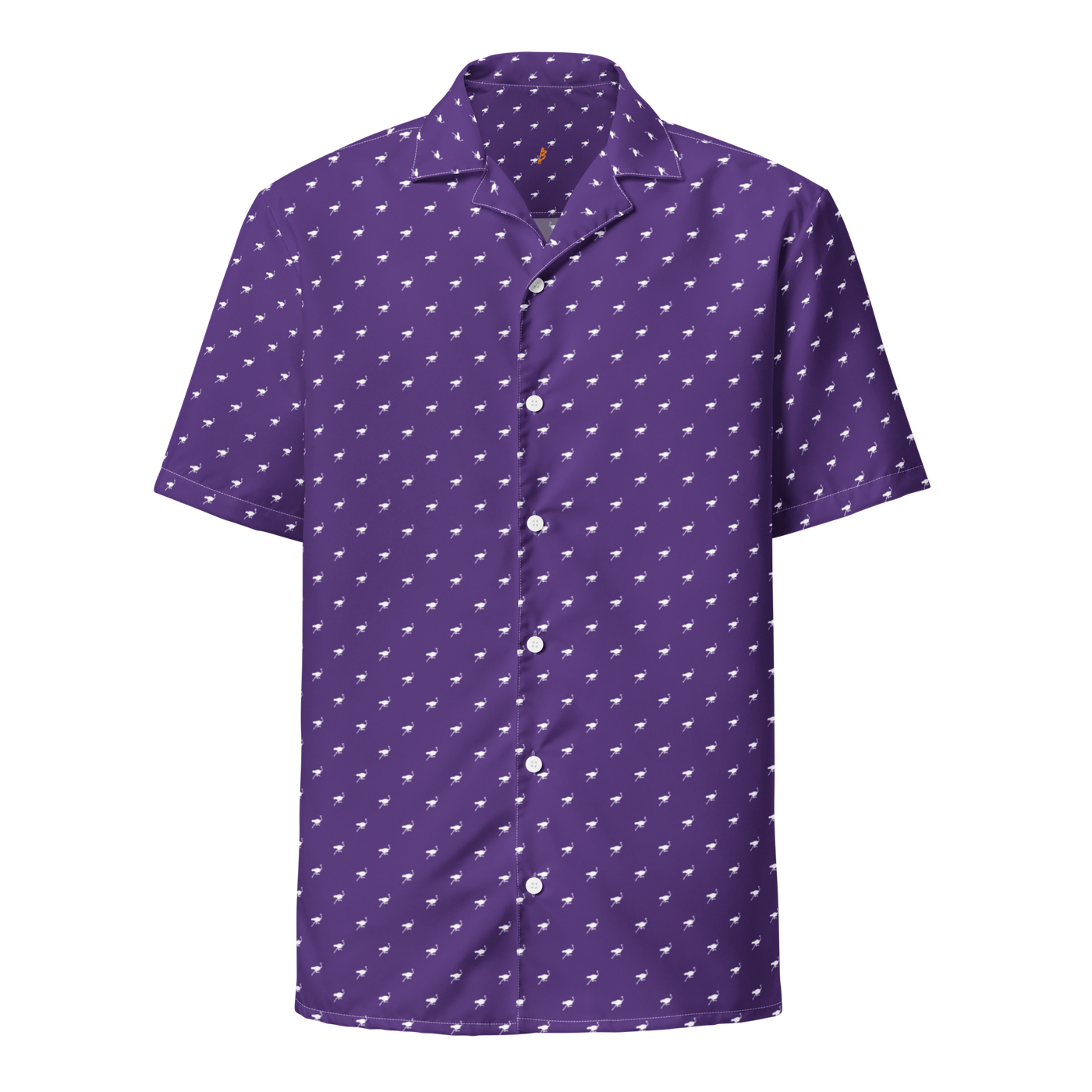 Nostrich purple nostr button shirt, front view: a purple all-over pattern of small white ostriches.