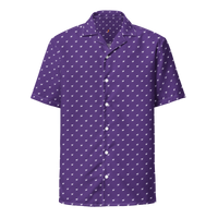 Nostrich purple nostr button shirt, front view: a purple all-over pattern of small white ostriches.